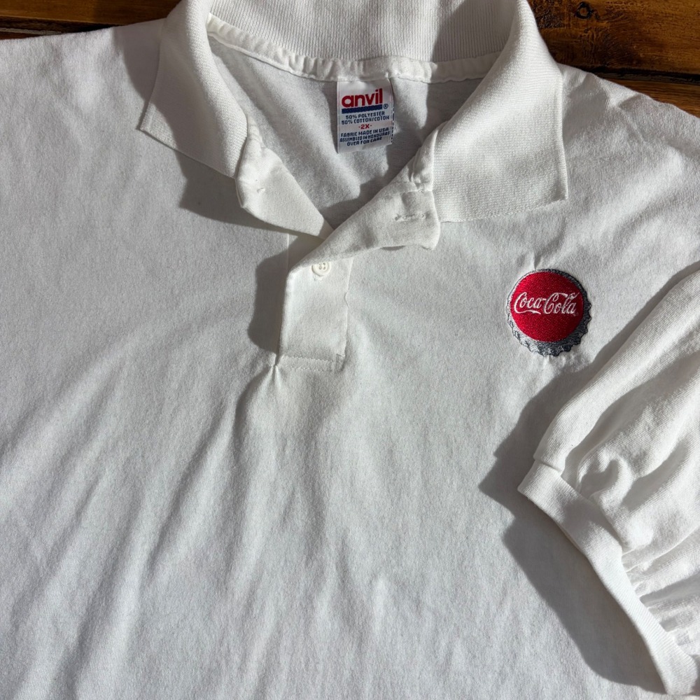 Vintage Coca Cola Polo Shirt Mens 2X White Embroidered Bottle Cap Logo ANVIL